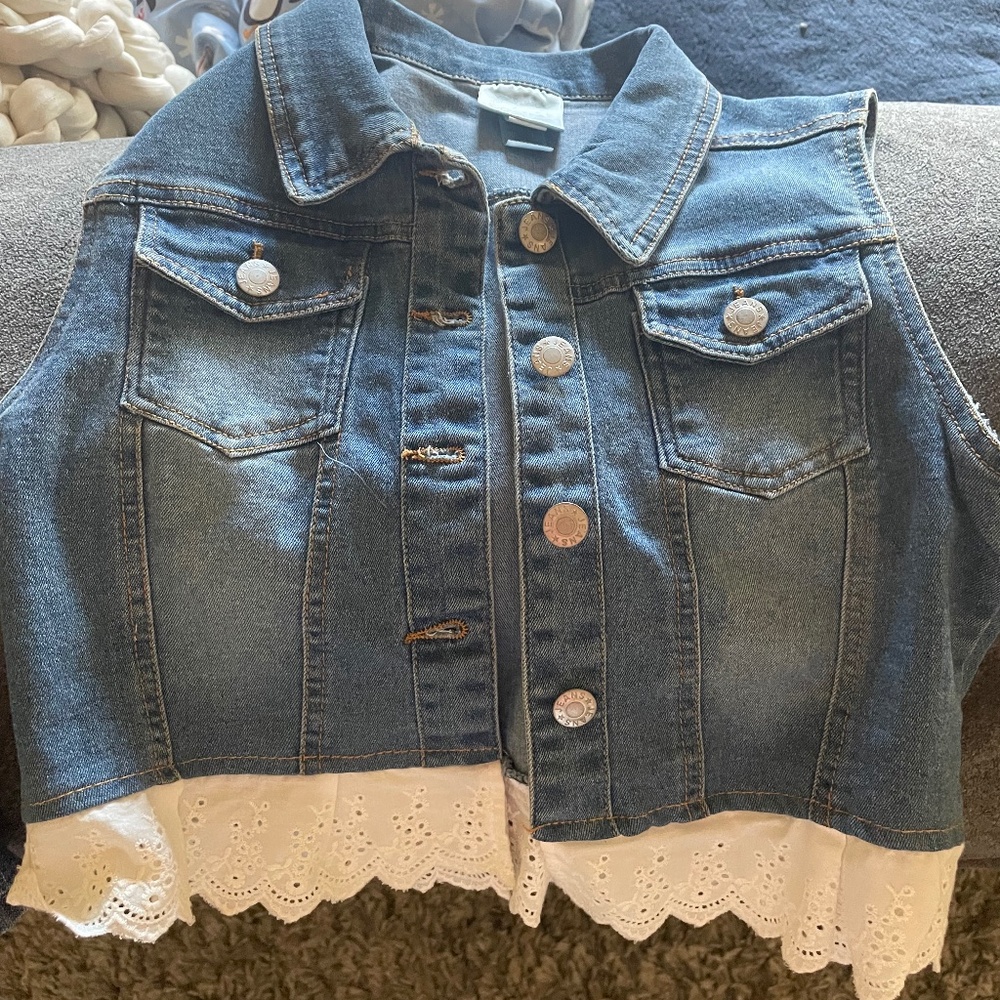 Girls denim vest with lace trim